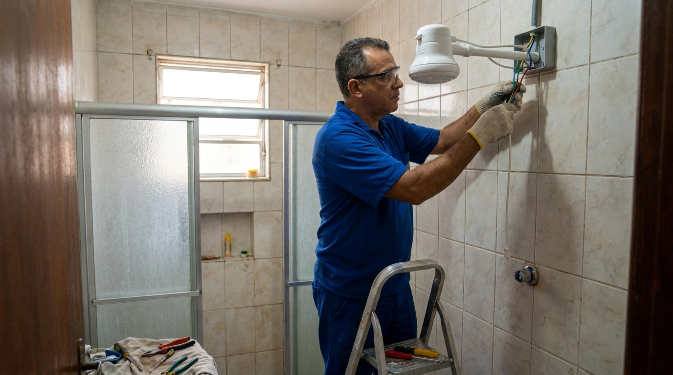 Eletricista instalando chuveiro eletrico em Goiânia‑GO