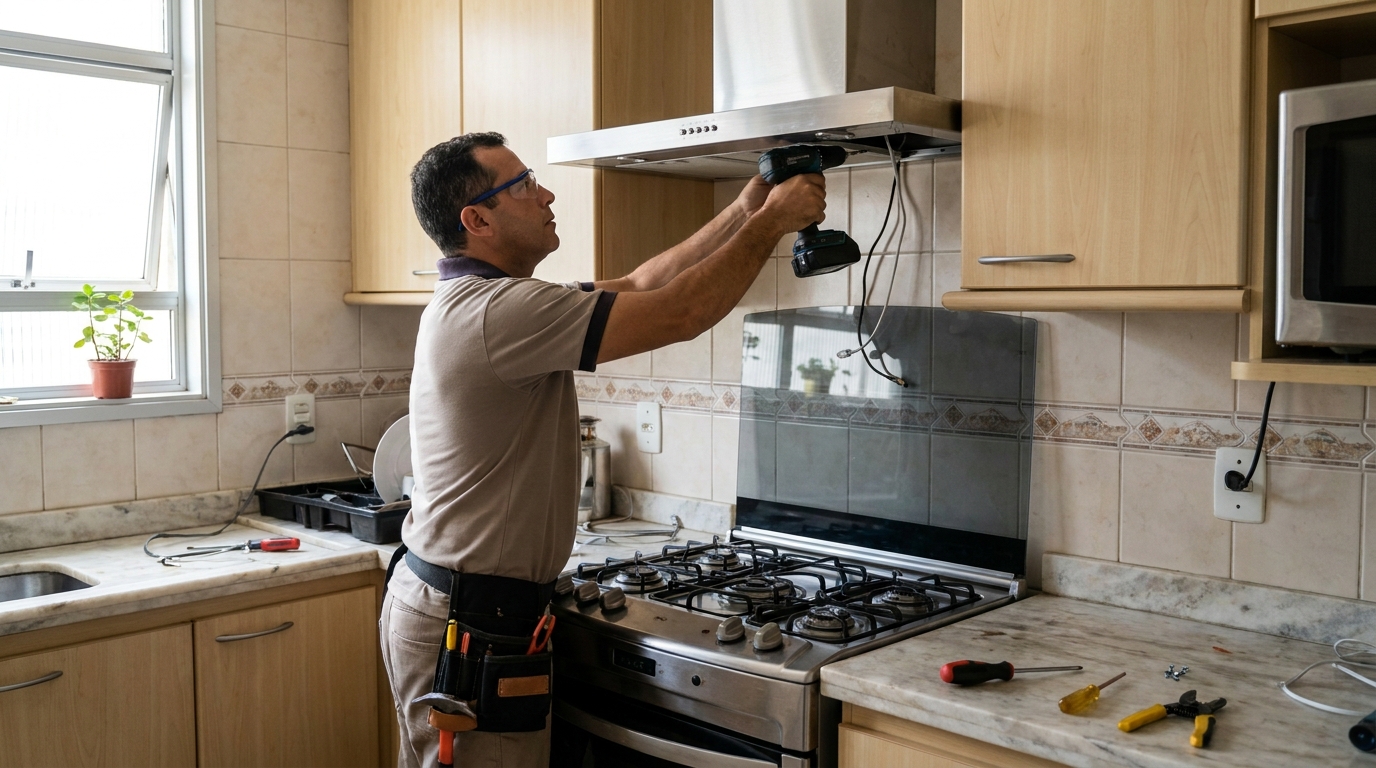 Eletricista instalando coifa em Belém‑PA