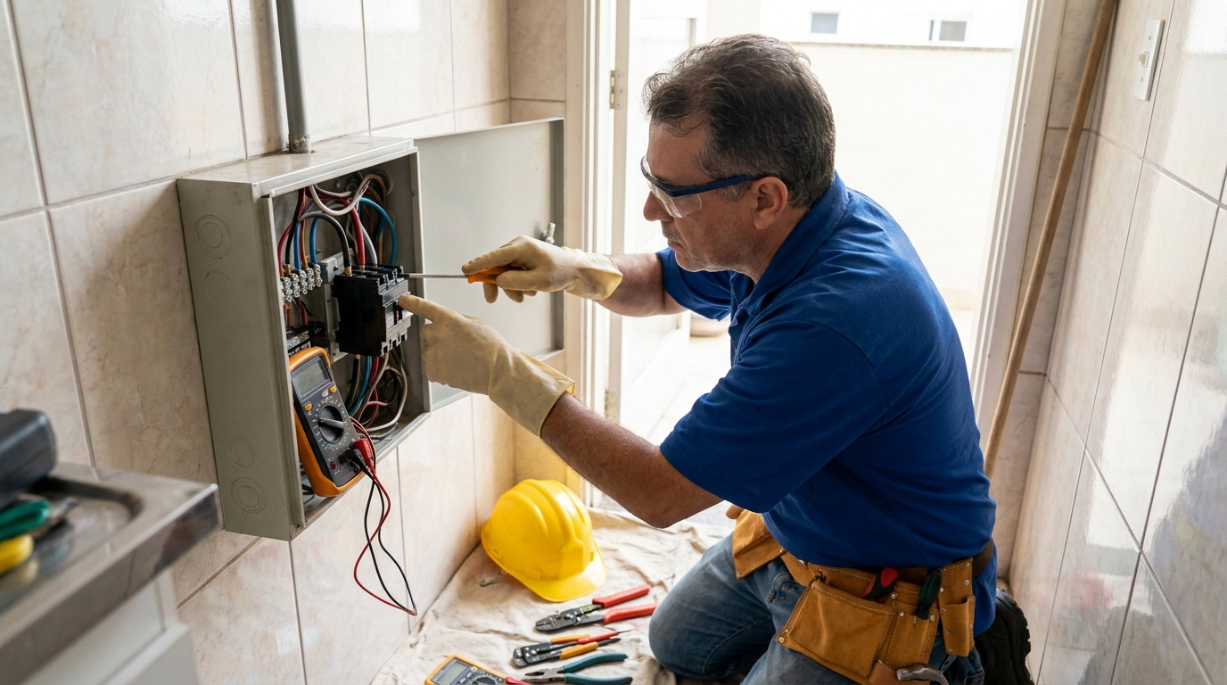 Eletricista instalando disjuntor em Goiânia‑GO